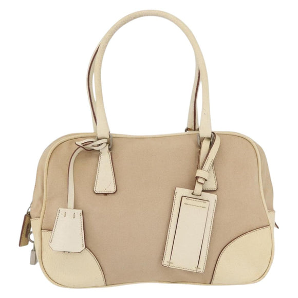PRADA Hand Bag Canvas Beige Silver Auth YKZ813