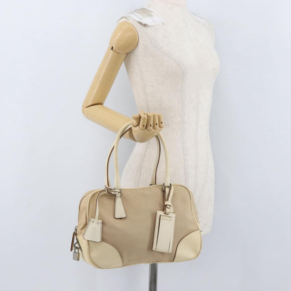 PRADA Hand Bag Canvas Beige Silver Auth YKZ813