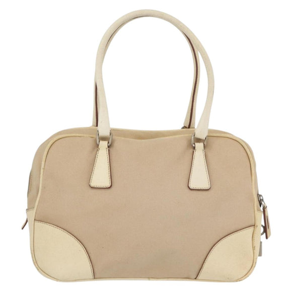 PRADA Hand Bag Canvas Beige Silver Auth YKZ813