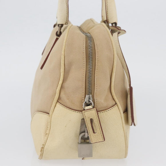 PRADA Hand Bag Canvas Beige Silver Auth YKZ813