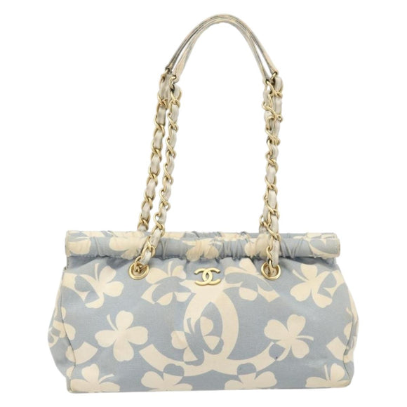 CHANEL COCO Mark Chain Shoulder Bag Canvas Light Blue Gold CC Auth YKZ826A