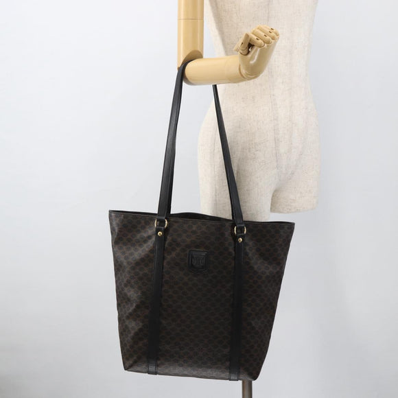 CELINE Macadam Canvas Tote Bag PVC Leather Black Gold Auth YKZ828A