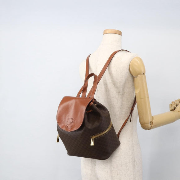 CELINE Macadam Canvas Backpack PVC Leather Brown Gold Auth YKZ829A