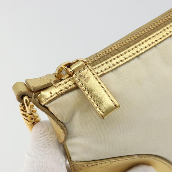 PRADA Chain Shoulder Bag Nylon White Gold Auth YKZ849A