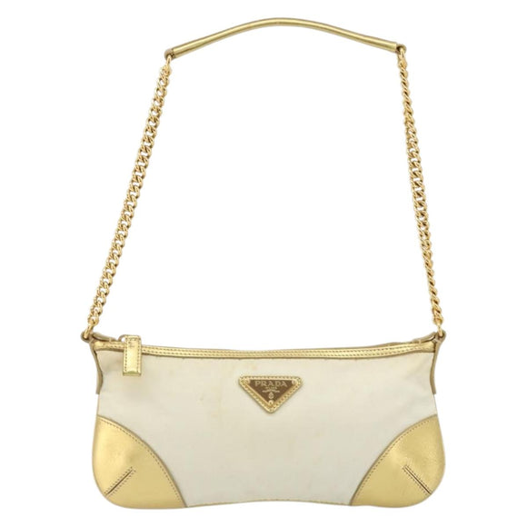 PRADA Schoudertas met Ketting Nylon Wit Goud Auth YKZ849A