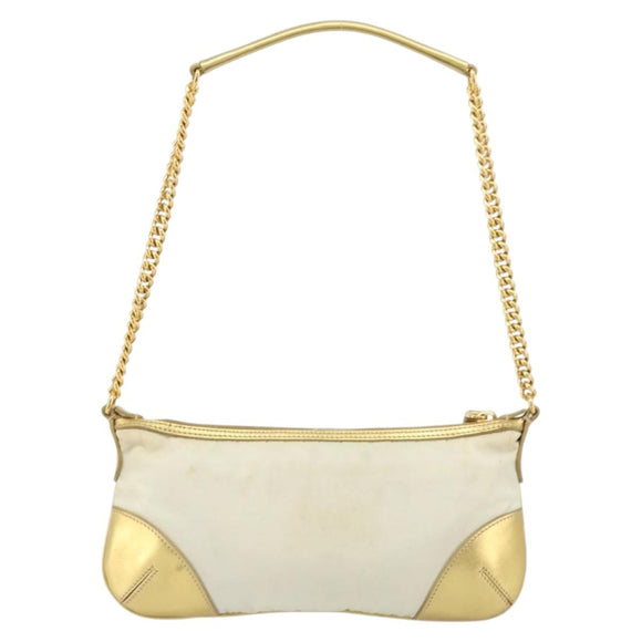 PRADA Chain Shoulder Bag Nylon White Gold Auth YKZ849A