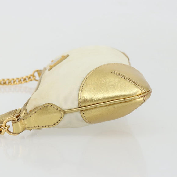 PRADA Schoudertas met Ketting Nylon Wit Goud Auth YKZ849A
