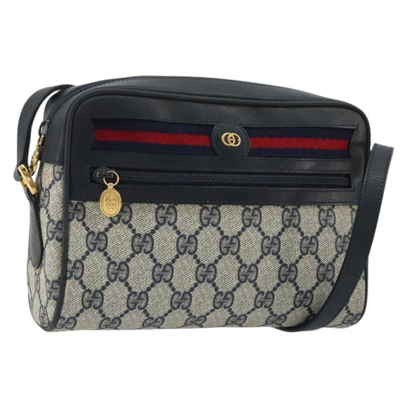 GUCCI GG Supreme Sherry Line Shoulder Bag PVC Navy Gold Red Auth YKZ858