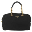 PRADA Boston Bag Nylon Black Gold Auth YKZ869-2