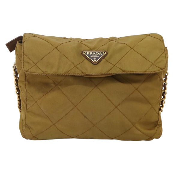 PRADA Chain Shoulder Bag Nylon Beige Gold Auth YKZ873
