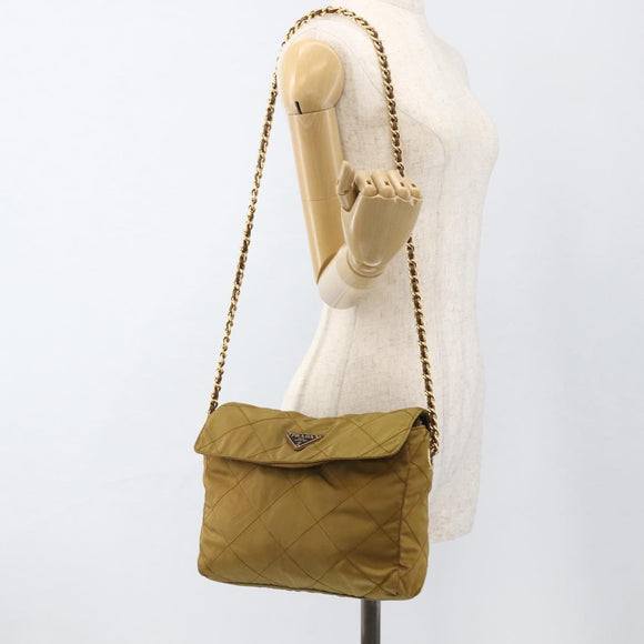 PRADA Chain Shoulder Bag Nylon Beige Gold Auth YKZ873