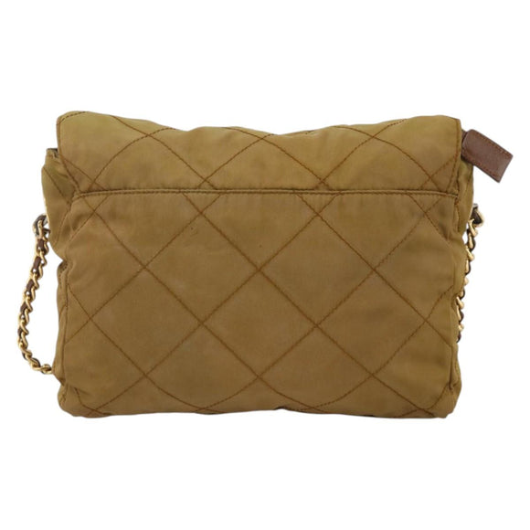 PRADA Chain Shoulder Bag Nylon Beige Gold Auth YKZ873