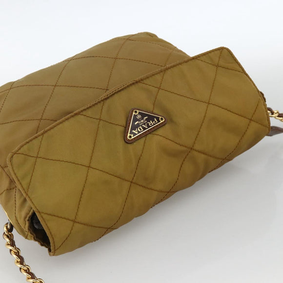 PRADA Chain Shoulder Bag Nylon Beige Gold Auth YKZ873