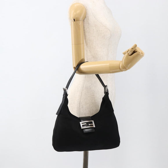 FENDI Mamma Baguette Shoulder Bag Nylon Black Silver Auth YKZ897
