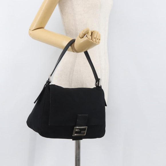 FENDI Mamma Baguette Shoulder Bag Nylon Black Silver Auth YKZ900