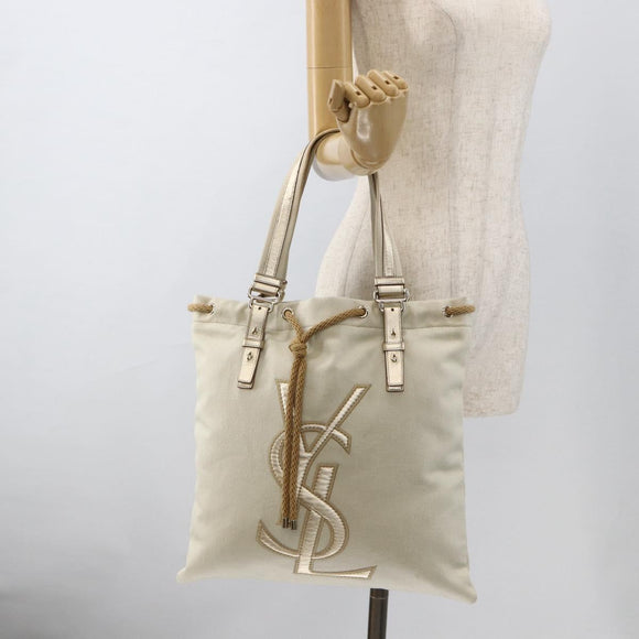 SAINT LAURENT Kahala Tote Bag Canvas Beige Gold 121631 Auth YKZ906A