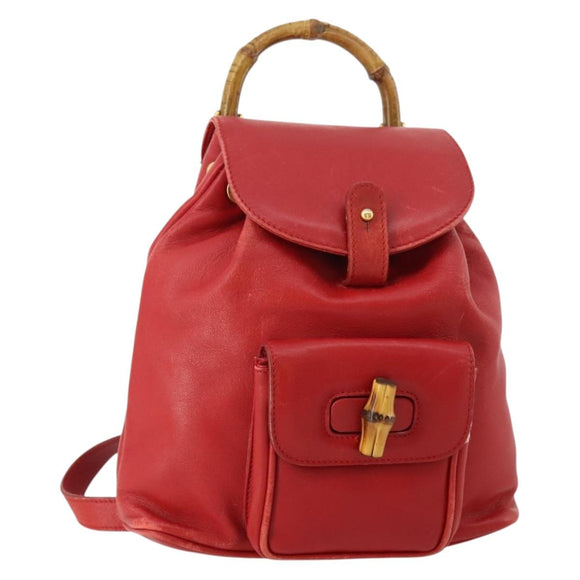 GUCCI Bamboo Backpack Leather Red Gold 003 1705 0030 Auth YKZ946