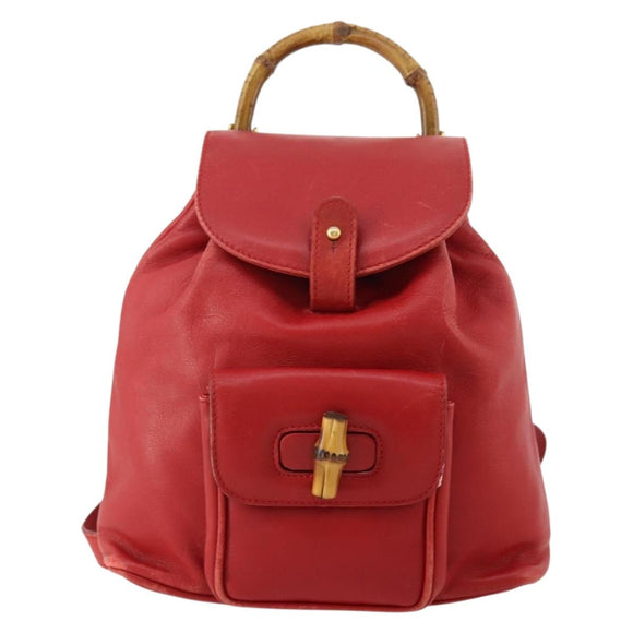 GUCCI Bamboo Backpack Leather Red Gold 003 1705 0030 Auth YKZ946