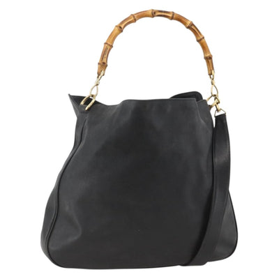 GUCCI Bamboo Shoulder Bag Leather 2way Black Gold 001 0166 1577 Auth YKZ947