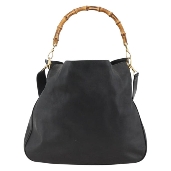 GUCCI Bamboo Shoulder Bag Leather 2way Black Gold 001 0166 1577 Auth YKZ947