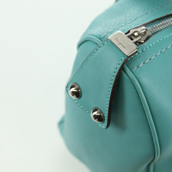 Salvatore Ferragamo Gancini Hand Bag Leather Light Blue Silver Auth YKZ953A