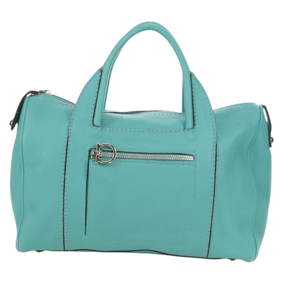 Salvatore Ferragamo Gancini Hand Bag Leather Light Blue Silver Auth YKZ953A