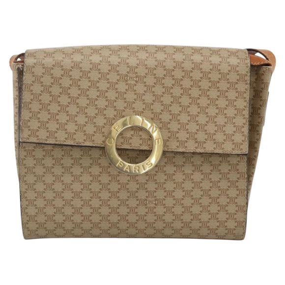 CELINE Macadam Canvas Circle Shoulder Bag PVC Beige Gold Auth YKZ955