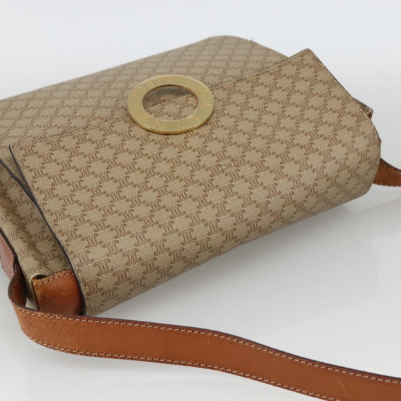 CELINE Macadam Canvas Circle Shoulder Bag PVC Beige Gold Auth YKZ955