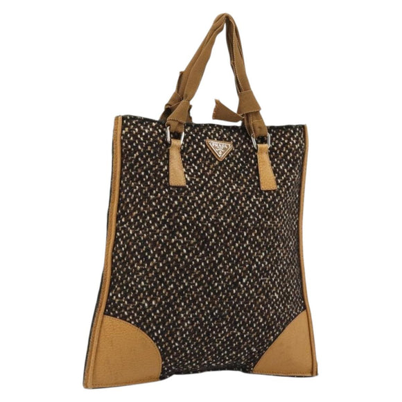 PRADA Hand Bag Leather Tweed Brown Silver Auth YKZ956A