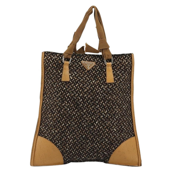 PRADA Hand Bag Leather Tweed Brown Silver Auth YKZ956A