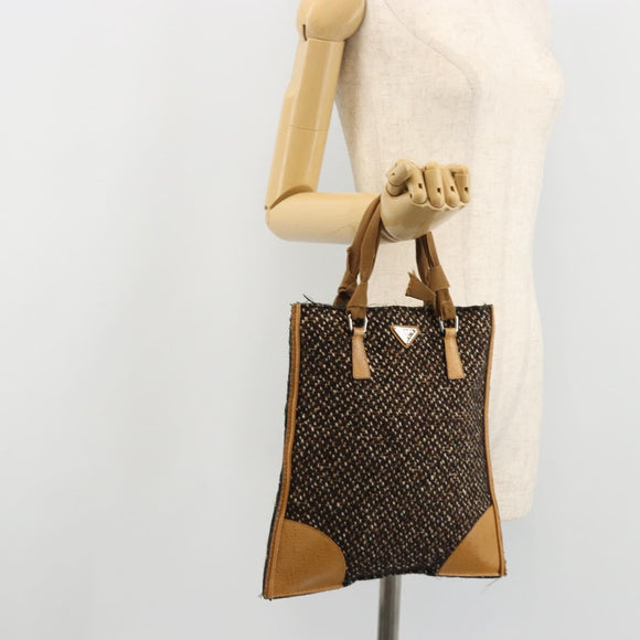 PRADA Hand Bag Leather Tweed Brown Silver Auth YKZ956A