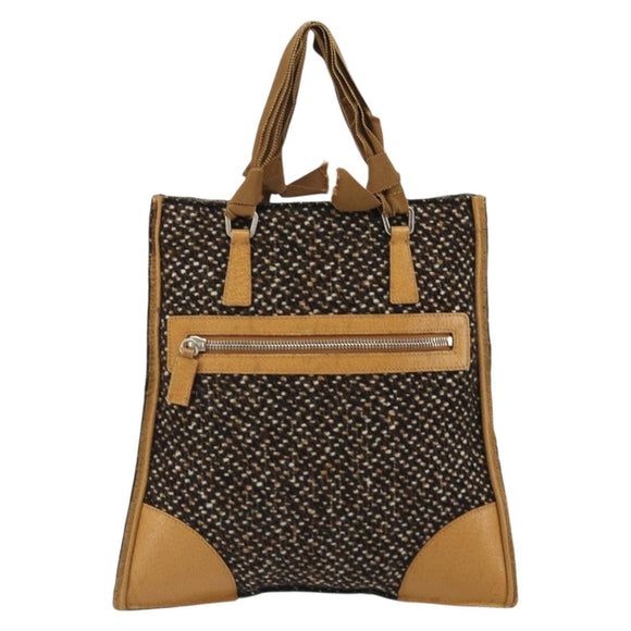 PRADA Hand Bag Leather Tweed Brown Silver Auth YKZ956A