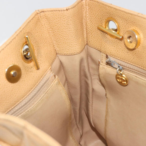 CHANEL Matelasse Chain Shoulder Bag Caviar Skin Beige Gold CC Auth YKZ963
