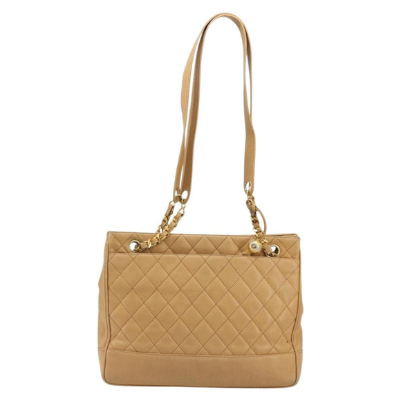 CHANEL Matelasse Chain Shoulder Bag Caviar Skin Beige Gold CC Auth YKZ963