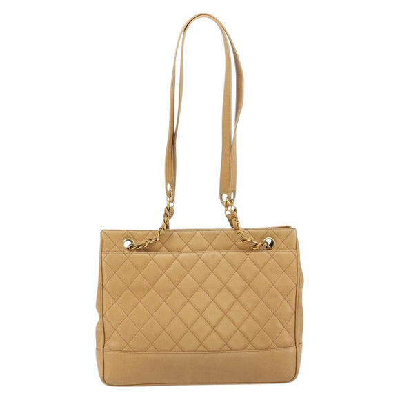 CHANEL Matelasse Chain Shoulder Bag Caviar Skin Beige Gold CC Auth YKZ963