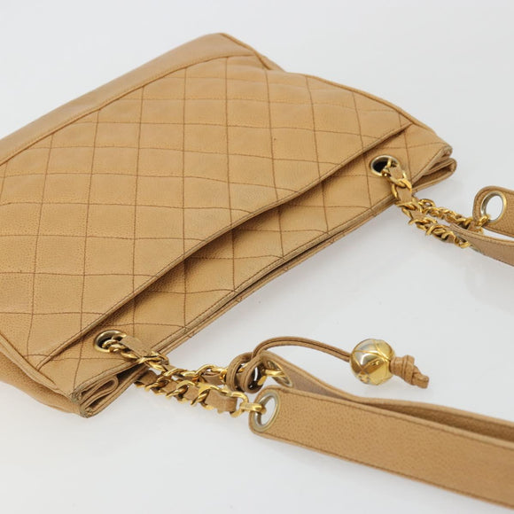 CHANEL Matelasse Chain Shoulder Bag Caviar Skin Beige Gold CC Auth YKZ963