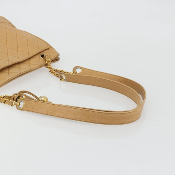 CHANEL Matelasse Chain Shoulder Bag Caviar Skin Beige Gold CC Auth YKZ963
