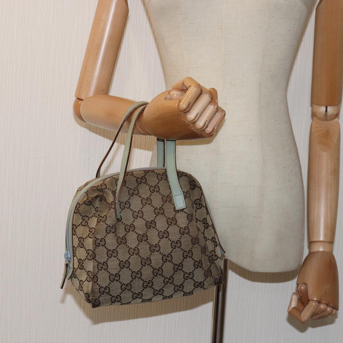 GUCCI GG Canvas Hand Bag Beige Light Blue 124542 Auth yt1006