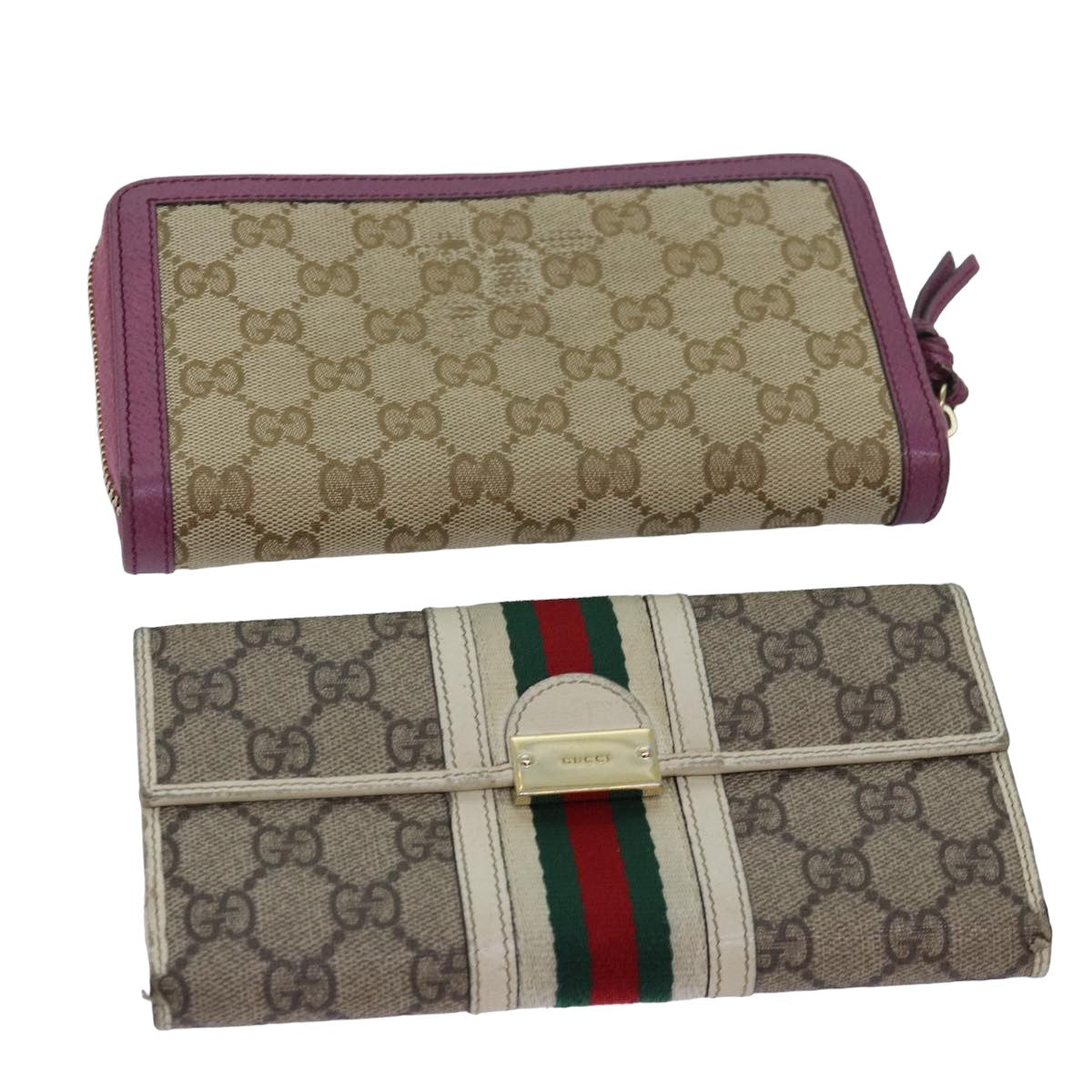 GUCCI GG Canvas Web Sherry Line Long Wallet 2Set Beige Red Green Auth yt991