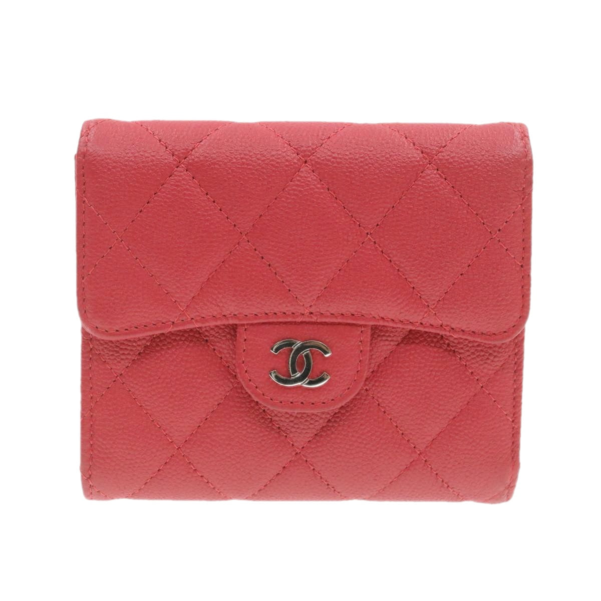 CHANEL Caviar Skin Matelasse Wallet Pink Red CC Auth 18734A - 0