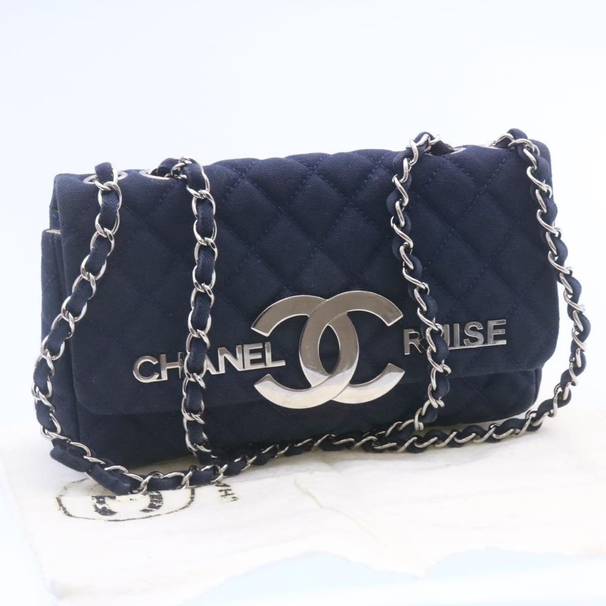 CHANEL Cruise Line Matelasse Double Chain Shoulder Bag Navy CC Auth 22956A