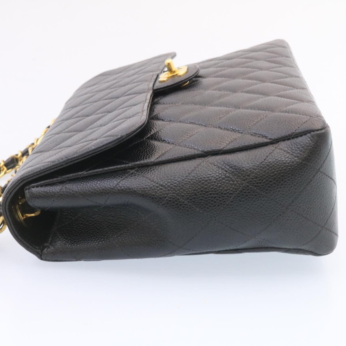 CHANEL Big Matelasse Flap Chain Shoulder Bag Caviar Skin Black Gold Auth 25984A