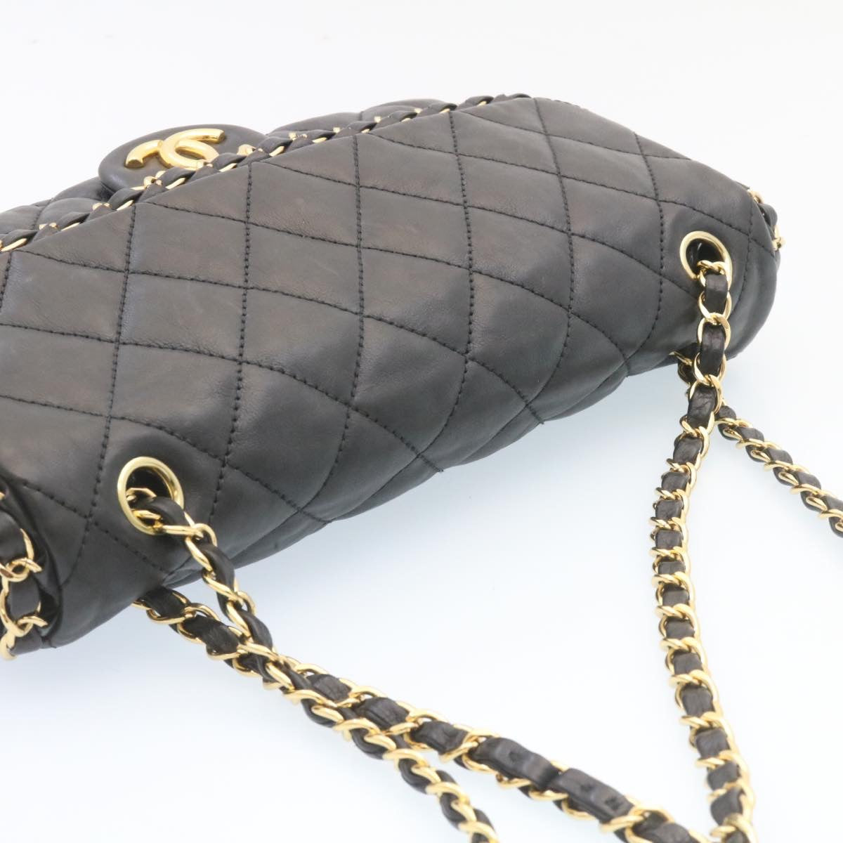 CHANEL Matelasse Chain Flap Shoulder Bag Lamb Skin Black Gold CC Auth 27027A