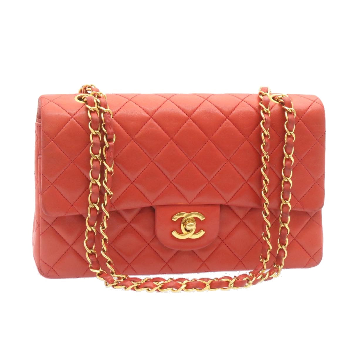 CHANEL Matelasse 25 Double Chain Flap Shoulder Bag Lamb Skin Red Auth 27897A