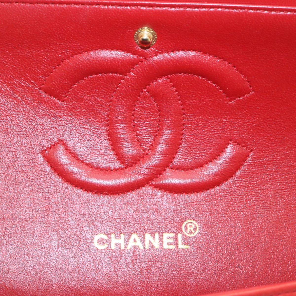 CHANEL Matelasse 25 Double Chain Flap Shoulder Bag Lamb Skin Red Auth 27897A