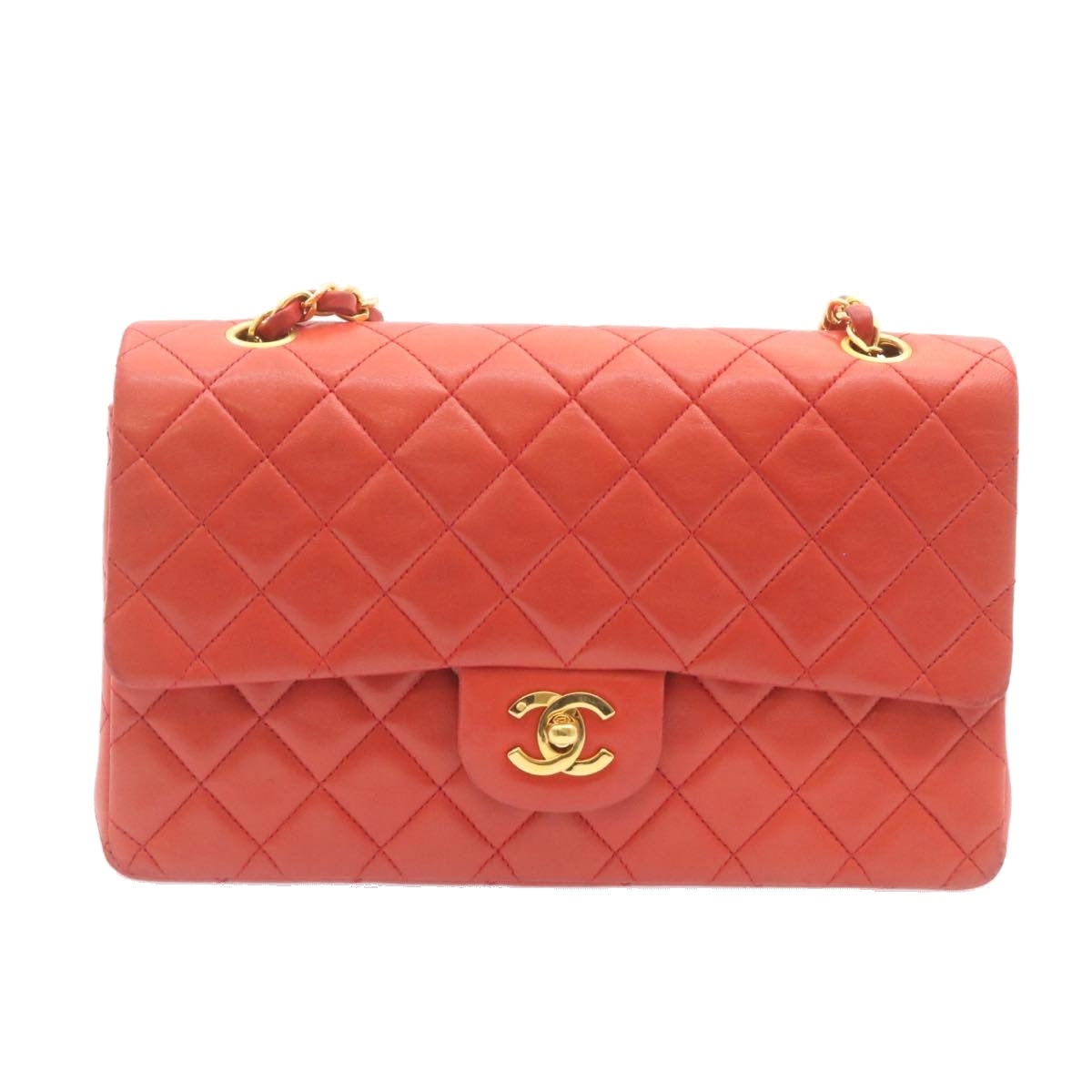 CHANEL Matelasse 25 Double Chain Flap Shoulder Bag Lamb Skin Red Auth 27897A