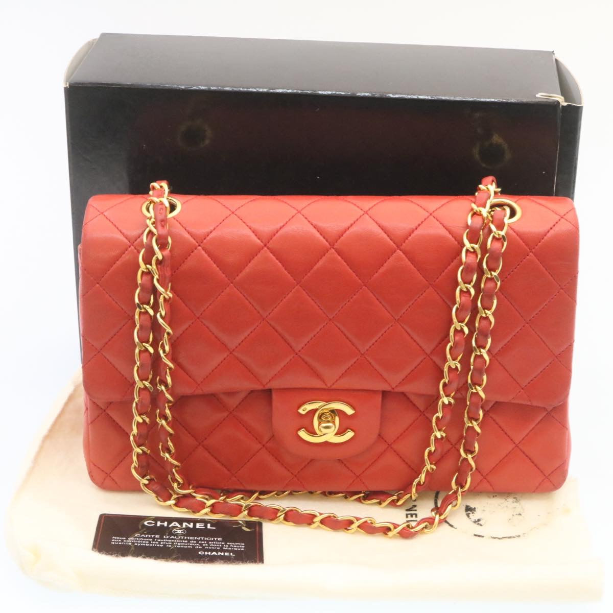 CHANEL Matelasse 25 Double Chain Flap Shoulder Bag Lamb Skin Red Auth 27897A