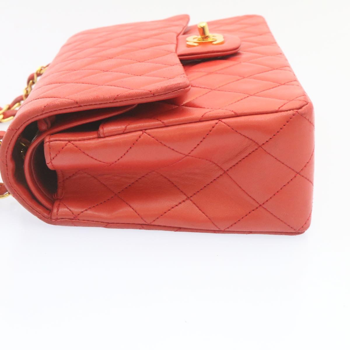 CHANEL Matelasse 25 Double Chain Flap Shoulder Bag Lamb Skin Red Auth 27897A