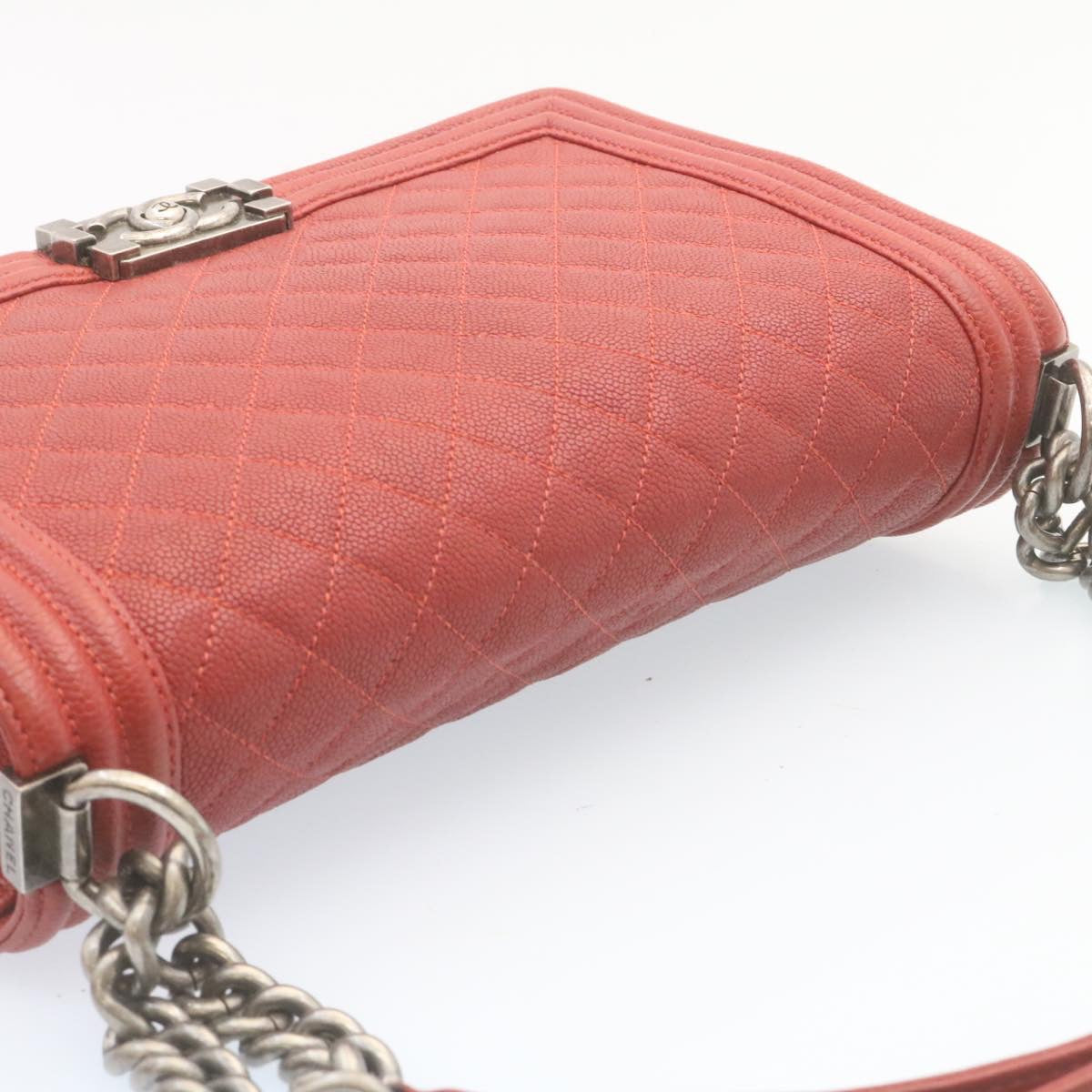 CHANEL Boy Chanel Matelasse Chain Flap Shoulder Bag Leather Red CC Auth 28281A