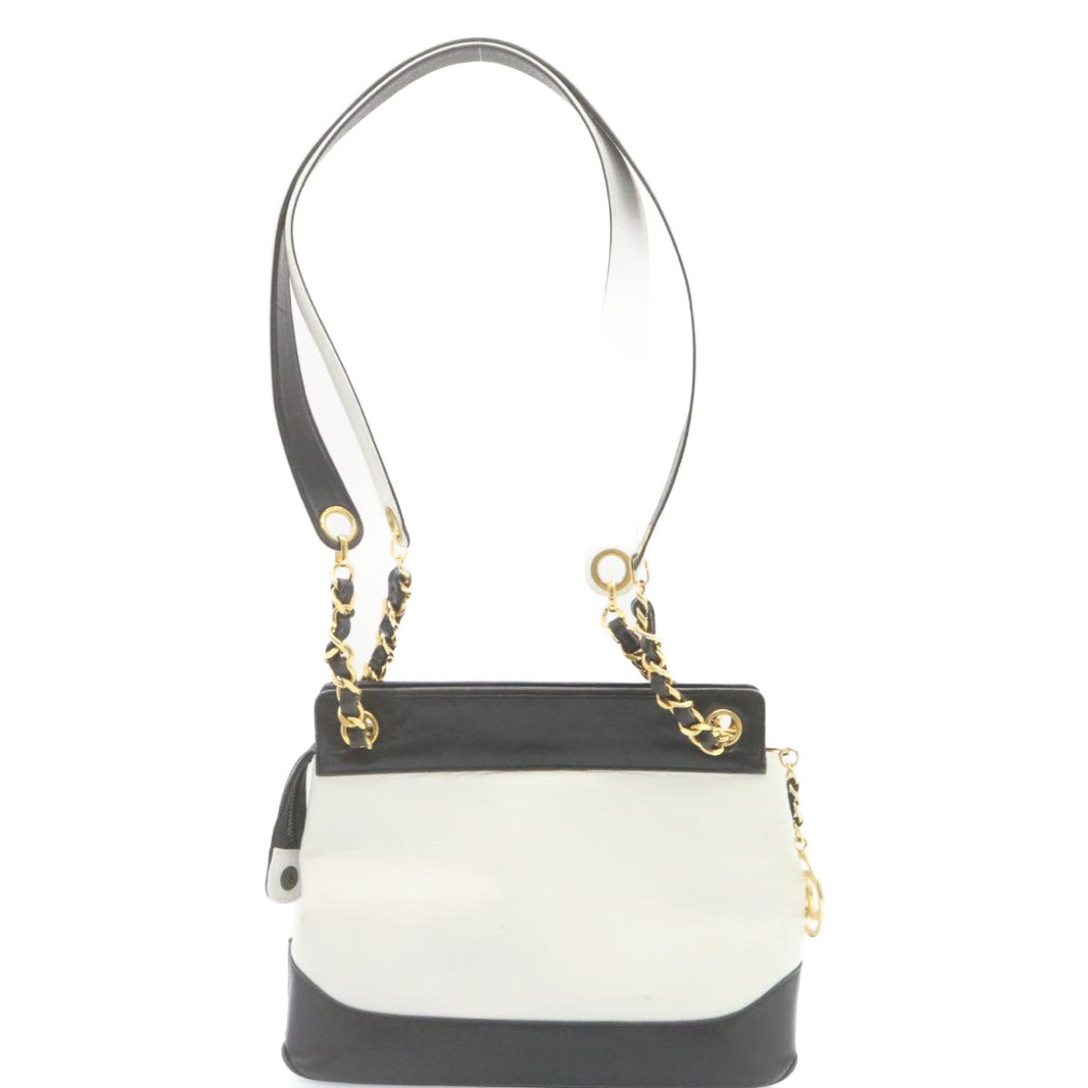 CHANEL Chain Shoulder Bag Leather Black White CC Auth 28378A - 0